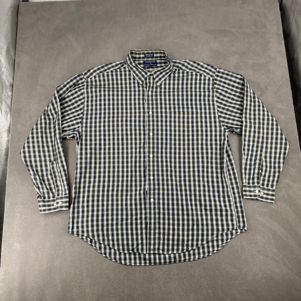 Hathaway Sport Mens XXL Pinpoint Oxford Plaid Button Down Shirt Navy Green Cotto